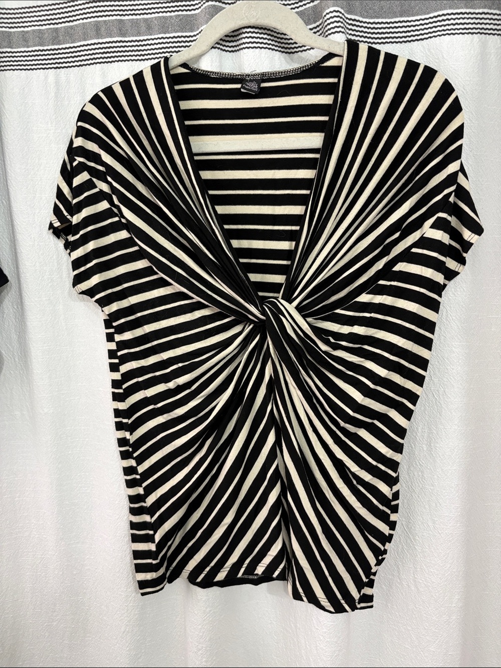 ONLY HEARTS Black & White Striped Twist-Front Cap Sleeve Stretch Top S